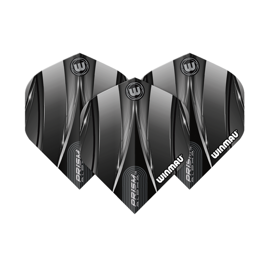 Winmau Alpha Sniper Black Standard Flights Das Bild zeigt drei schwarze Dart-Flights der Marke Winmau mit dem Namen "Alpha Sniper". Die Flights haben ein modernes, glänzendes Design mit silbernen und weißen Akzenten.