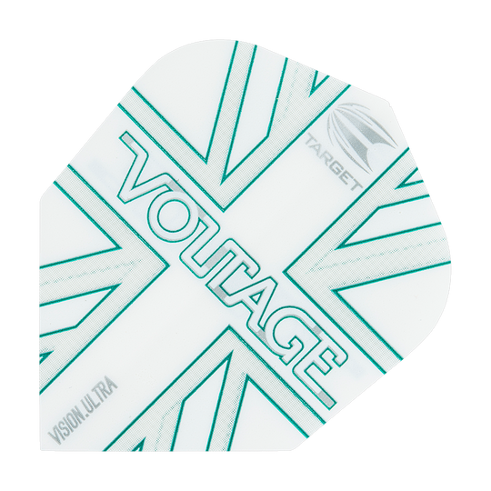 TG271_332850_Target_VisionUltra_Rob_Cross_Voltage_No6_Flights_1 Diese Abbildung zeigt ein Dart Flight des Modells "Target VisionUltra Rob Cross Voltage No6". Das Flight ist weiß mit grünen Linien und den Wörtern "VOLTAGE" sowie "TARGET" und "VISION ULTRA" darauf.