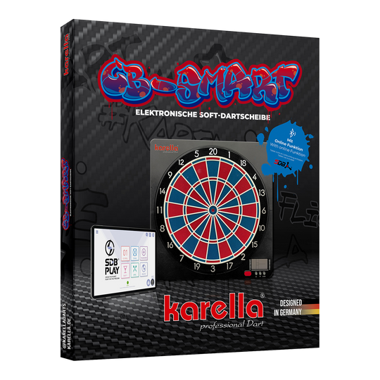 Karella CB-Smart Electronic Soft Dartboard Die Verpackung zeigt die "Karella CB-Smart Elektronische Soft-Dartscheibe". Auf der Vorderseite sind die Dartscheibe und ein Bedienfeld abgebildet, sowie Hinweise auf die Online-Funktion.