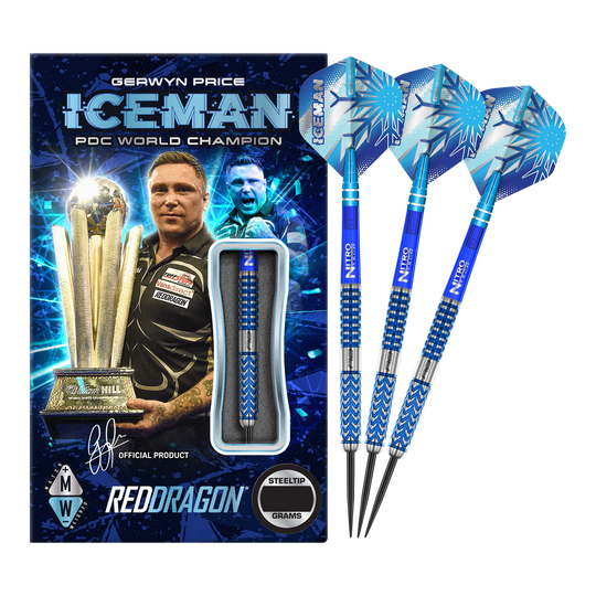 Das Bild zeigt das Produkt "Red Dragon Gerwyn Price Glacier Steeldarts" in einer auffälligen blauen Verpackung mit einem Bild von Gerwyn Price und einer Trophäe. Rechts daneben sind drei blaue Steeldarts mit dem Namen "ICEMAN" auf den Flights zu sehen.