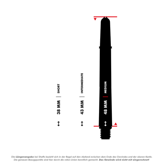 Target Pro Grip EVO Raymond Van Barneveld Chrono Titanium Shafts Dieses Bild zeigt drei verschiedene Längen von Dartshafts: 38 mm (Short), 43 mm (Intermediate) und 48 mm (Medium). Die roten Linien markieren die genauen Bezugspunkte zur Längenmessung, wobei das Gewinde nicht mit einberechnet wird.