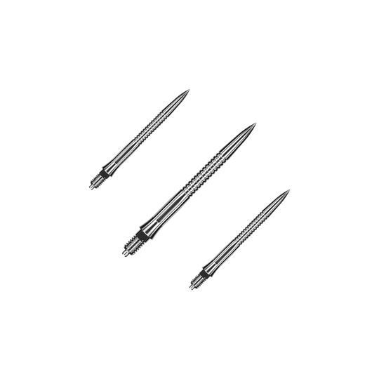 Caliburn EZ-EVO dart tips - Grooved - Silver Dargestellt ist ein Set von gerillten, silbernen Dartspitzen mit einer Länge von 28 mm. Das Set eignet sich besonders für Dartspieler, die Wert auf Präzision legen.