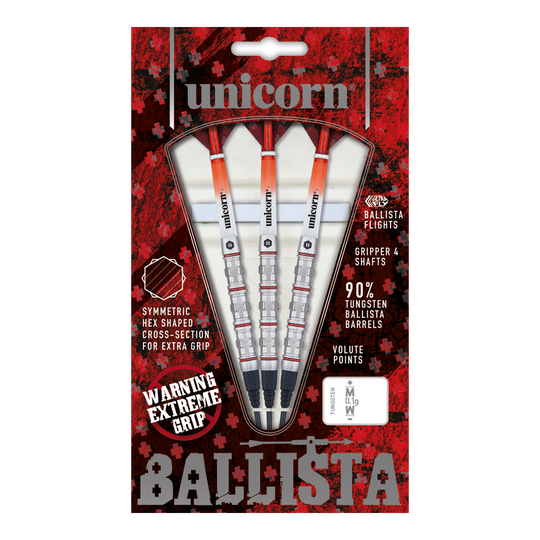 Unicorn Ballista Style 4 soft darts Das Bild zeigt die „Unicorn Ballista Style 4 Softdarts“ in einer rot-schwarzen Verpackung. Drei Softdarts mit auffälliger Griffstruktur und Zubehör sind sichtbar angeordnet.