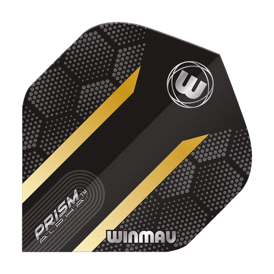6915-185_Winmau_Prism_Alpha_Gold_Standard_Flights_1jYzN9CsF7kjZ5 Das Bild zeigt das Produkt "Winmau Prism Alpha Gold Standard Flights". Es ist schwarz mit goldenen Streifen und einem modernen, punktierten Muster gestaltet.