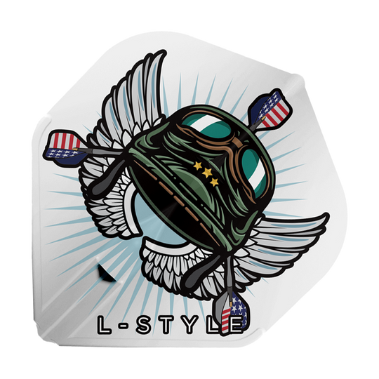 L-Style_Leonard_Gates_V3_White_L1EZ_Flights_1 Das Bild zeigt das Produkt "L-Style Leonard Gates V3 White L1EZ Flights". Auf dem Flight ist ein Helm mit Flügeln und amerikanischen Dartpfeilen abgebildet, darunter steht "L-STYLE".