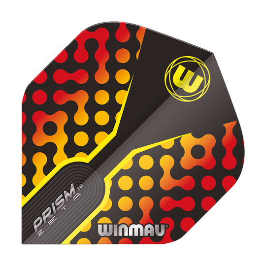 6915-308_Winmau_Prism_Zeta_RedOrange_Standard_Flights_1auDRDOiYoqryT Das Bild zeigt das Produkt "Winmau Prism Zeta RedOrange Standard Flights". Das Design ist schwarz mit roten, gelben und orangefarbenen Punkten und Mustern.