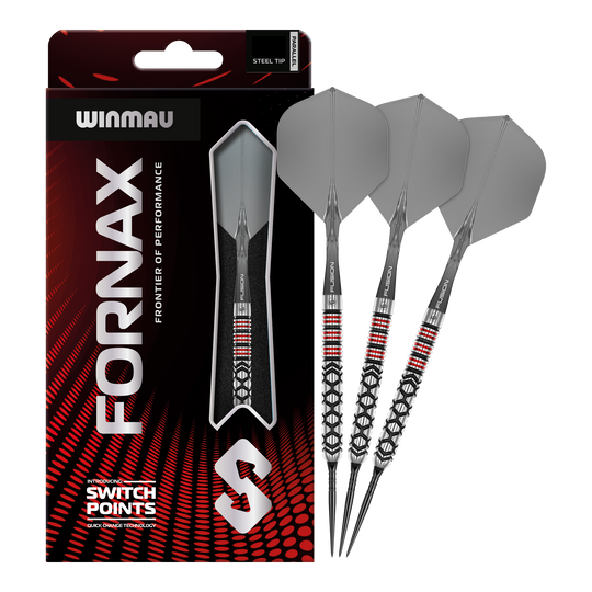 Zu sehen sind Winmau Fornax Parallel Switch Point Steeldarts in kompletter Ansicht. Diese Darts zeichnen sich durch ihre spezielle Bauweise aus.
