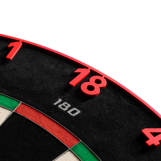 Precise 180 Endorphine steel dartboard with number ring - Inferno Red Dieses Bild zeigt das Precise 180 Endorphine Steeldartboard mit Nummernring in Inferno Red. Das Dartboard eignet sich ideal für anspruchsvolle Dartspieler.