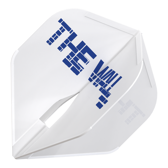 Das Bild zeigt einen weißen Dartflight mit der Aufschrift "THE WALL" in blauer Farbe. Es handelt sich um das Produkt "L-Style Martin Schindler Weiß L1PRO Flights".