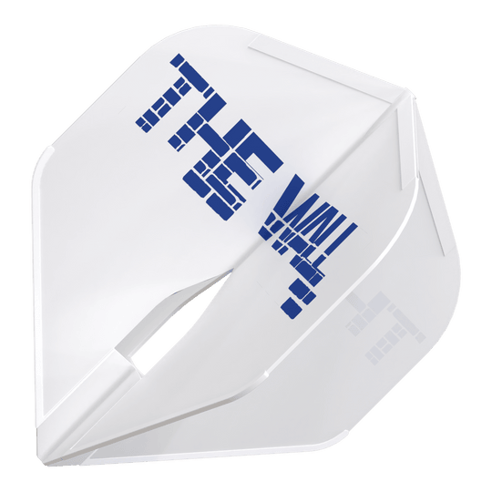 L-Style Martin Schindler White L1PRO Flights Das Bild zeigt einen weißen Dartflight mit der Aufschrift "THE WALL" in blauer Farbe. Es handelt sich um das Produkt "L-Style Martin Schindler Weiß L1PRO Flights".