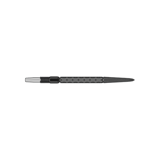 Target Swiss FLT Point Dart Tips - Black Zwei Dartspitzen mit dunkler Farbgebung sind abgebildet. Sie sind parallel im Bild angeordnet.