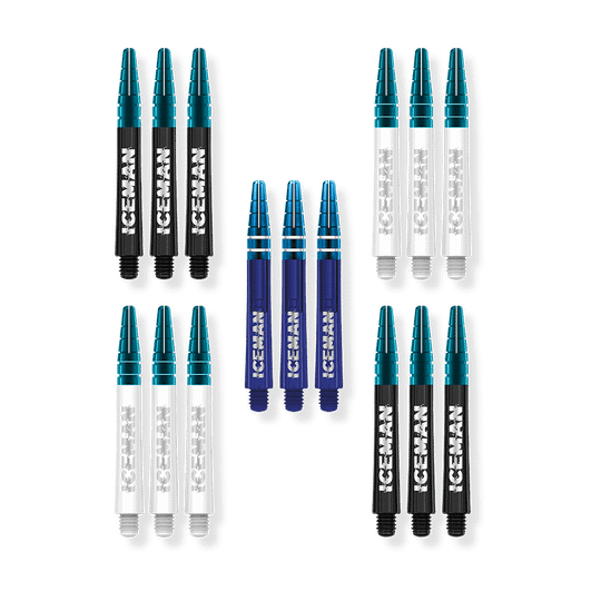 X0793_Red_Dragon_Gerwyn_Price_Iceman_Shaft_Collection_Medium_2 Das Bild zeigt eine Sammlung von Dartschäften in verschiedenen Farben mit der Aufschrift "ICEMAN". Die Schäfte gehören zur Red Dragon Gerwyn Price Iceman Shaft Collection in der Größe Medium.