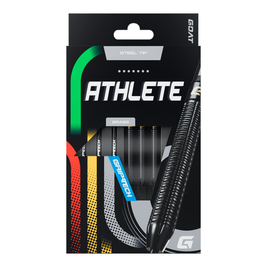 GOAT Athlete Black Brass Steeldarts - 13g Die Abbildung zeigt die Verpackung der GOAT Athlete Black Brass Steeldarts mit einem Gewicht von 13g. Die Darts haben eine schwarze, geriffelte Oberfläche und sind für Präzision und Haltbarkeit ausgelegt.