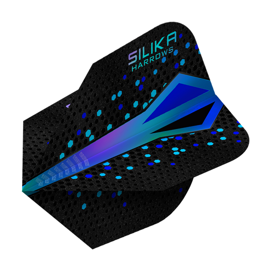 Harrows Silika Colorshift Tough Crystalline Coating Blue No6 Flights Das Bild zeigt ein Dartflight mit dem Namen "Harrows Silika Colourshift Tough Crystalline Coating Blue No6". Das Flight ist überwiegend schwarz mit einem blauen, schimmernden Muster und sechseckigen Akzenten.