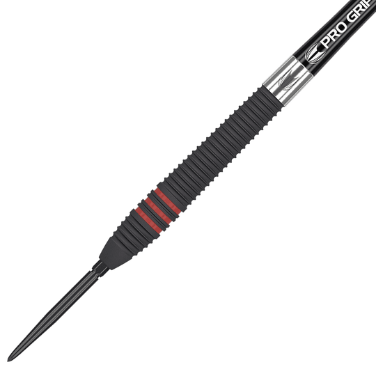 190216_Target_Nathan_Aspinall_Black_Swiss_Point_Steeldarts_2 Das Bild zeigt einen schwarzen Steeldartpfeil mit roten Ringen am Griff. Auf dem Schaft steht "Pro Grip" geschrieben.