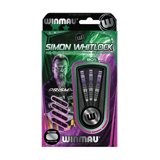 Winmau Simon Whitlock Special Edition 2020 steel darts Die Abbildung zeigt das Produkt „Winmau Simon Whitlock Special Edition 2020 Steeldarts“ in der Originalverpackung. Auf der Verpackung sind drei Steeldarts und ein Bild von Simon Whitlock zu sehen.