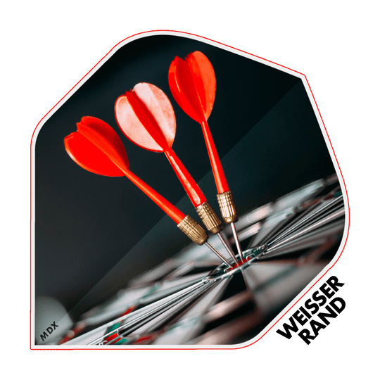MD-401-4SLog_4-seitig_Bedruckte_Flights_Logo_MDX_4 Das Bild zeigt drei rote Dartpfeile, die im Bullseye einer Dartscheibe stecken. Am rechten unteren Rand steht der Text "WEISSER RAND".
