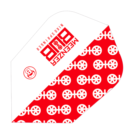 Das Bild zeigt ein Dartflight-Produkt mit dem Namen "Bulls X-Powerflite Niko Springer XXL B-Standard Flights". Das Design ist rot-weiß und trägt auffällige Logos und Muster.