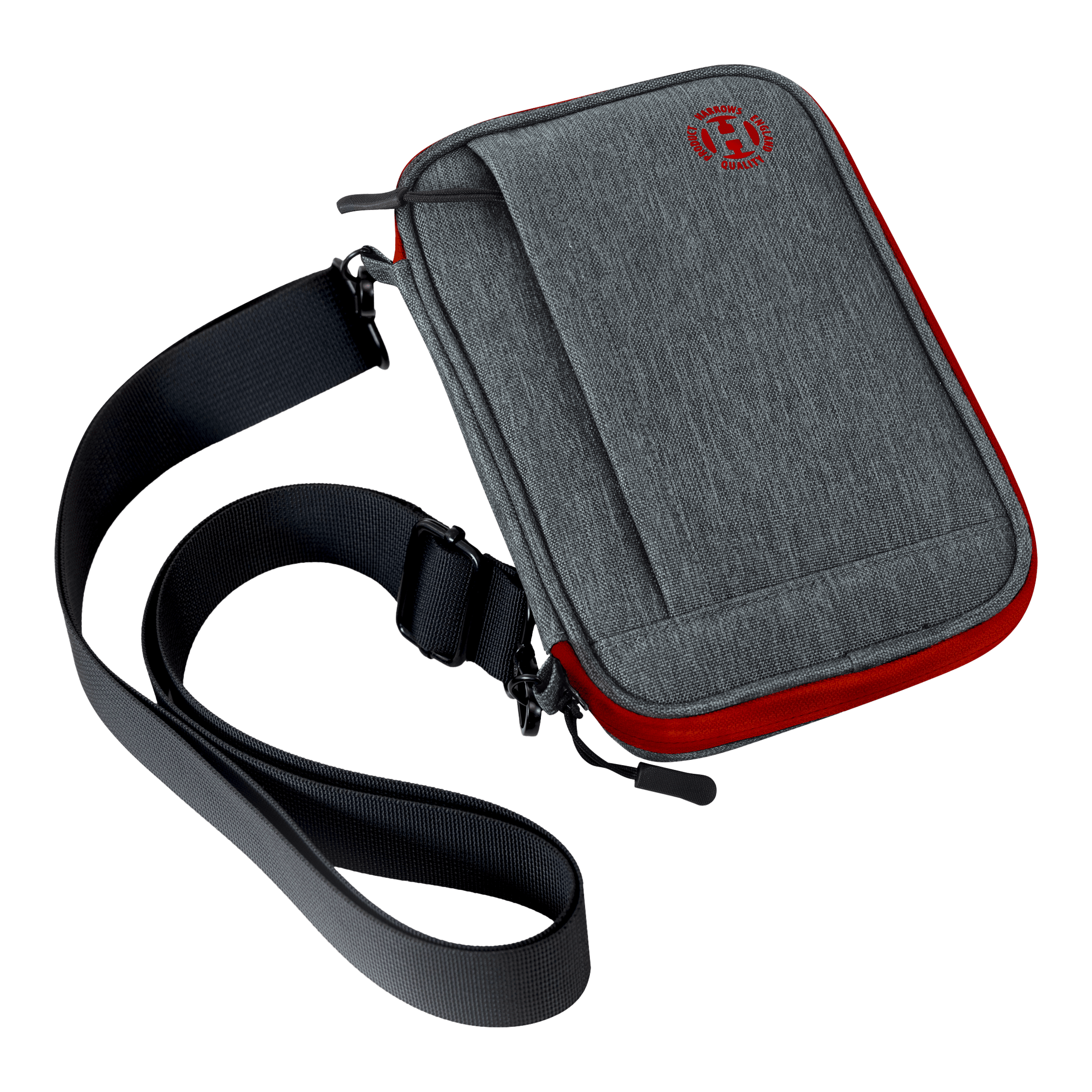 Harrows Smart Case XL dart wallet Das Bild zeigt eine graue Darttasche mit roten Akzenten und einem schwarzen Schultergurt. Auf der Vorderseite ist ein rundes rotes Logo sichtbar.