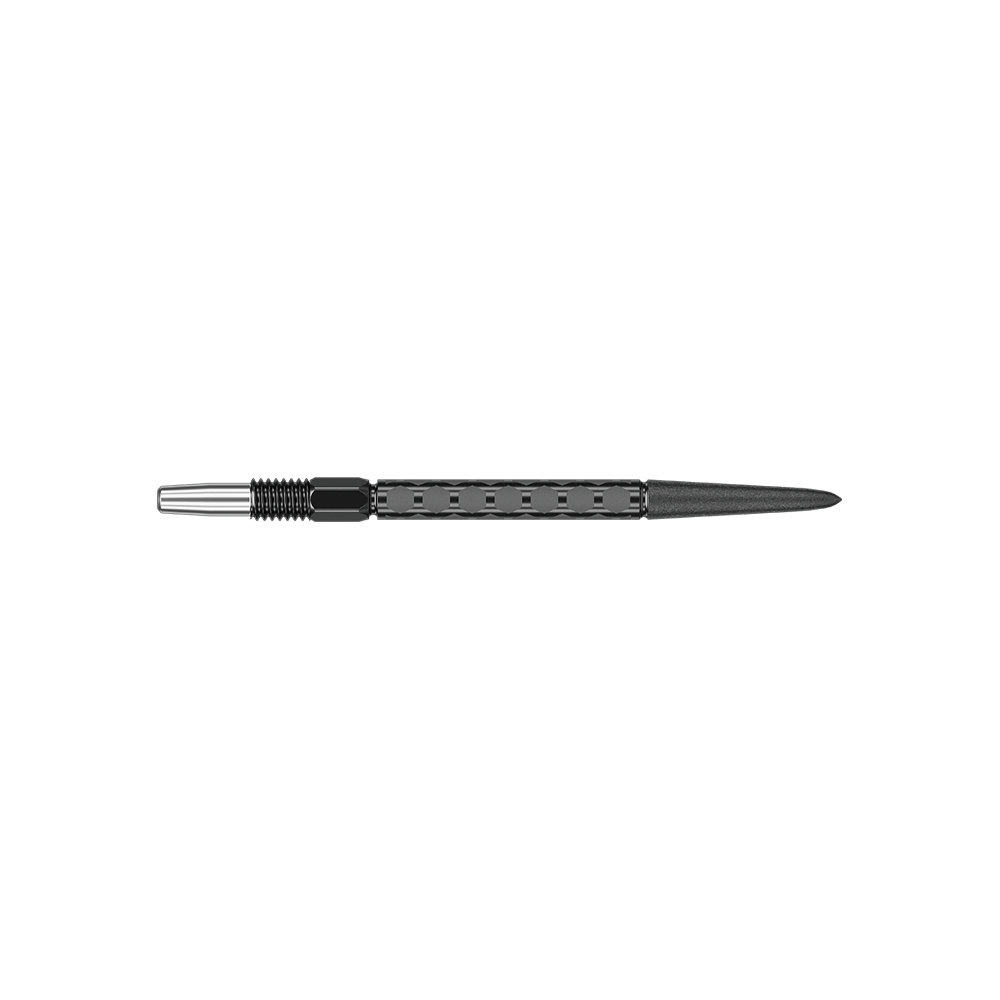 Target Swiss FLT Point Dart Tips - Black Zwei Dartspitzen mit dunkler Farbgebung sind abgebildet. Sie sind parallel im Bild angeordnet.