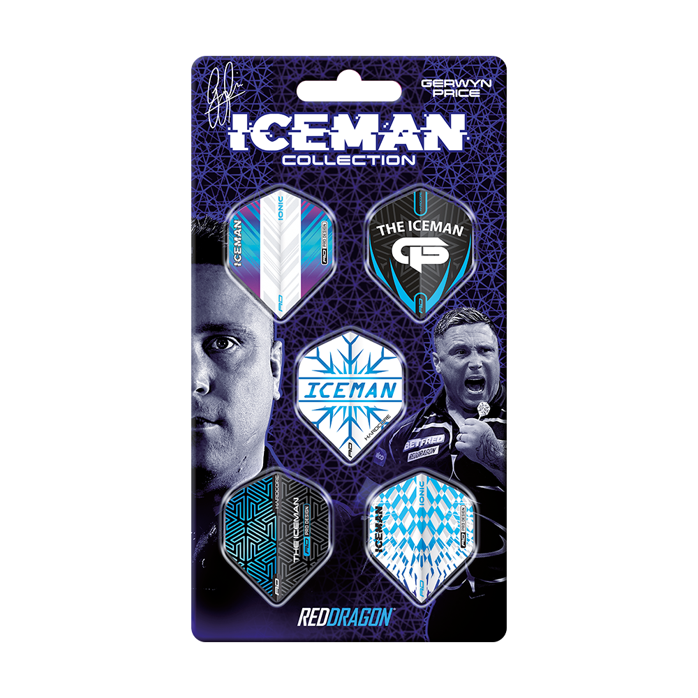 X0799_Red_Dragon_Gerwyn_Price_1_Flight_Card_1 Das Bild zeigt die "Red Dragon Gerwyn Price 1 Flight Card" aus der Iceman Kollektion. Auf der Verpackung sind fünf verschiedene Flights für Darts sowie Bilder und Grafiken von Gerwyn Price abgebildet.