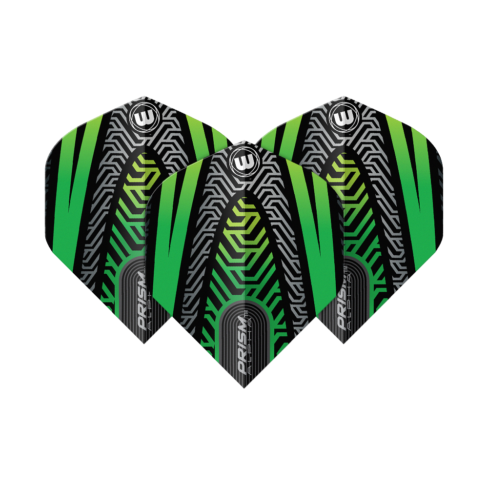 Winmau Prism Alpha Black Green No. 2 Standard Flights Das Bild zeigt drei Dartflights des Modells "Winmau Prism Alpha Schwarz Grün No2 Standard". Die Flights haben ein auffälliges, modernes Design in Schwarz, Grün und silbernen Linienmustern.