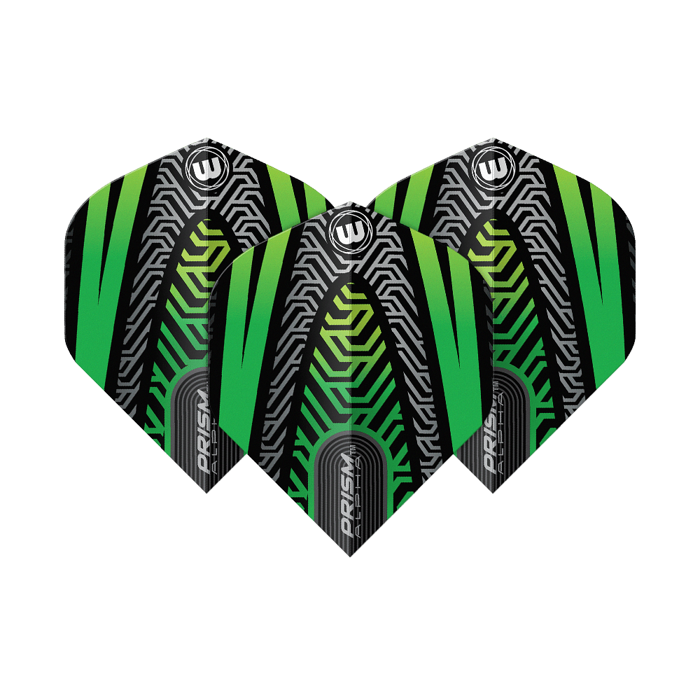 Winmau Prism Alpha Black Green No. 2 Standard Flights Winmau Prism Alpha Schwarz No2 Standard Flights sind als Set abgebildet. Das Muster ist auffällig und modern.