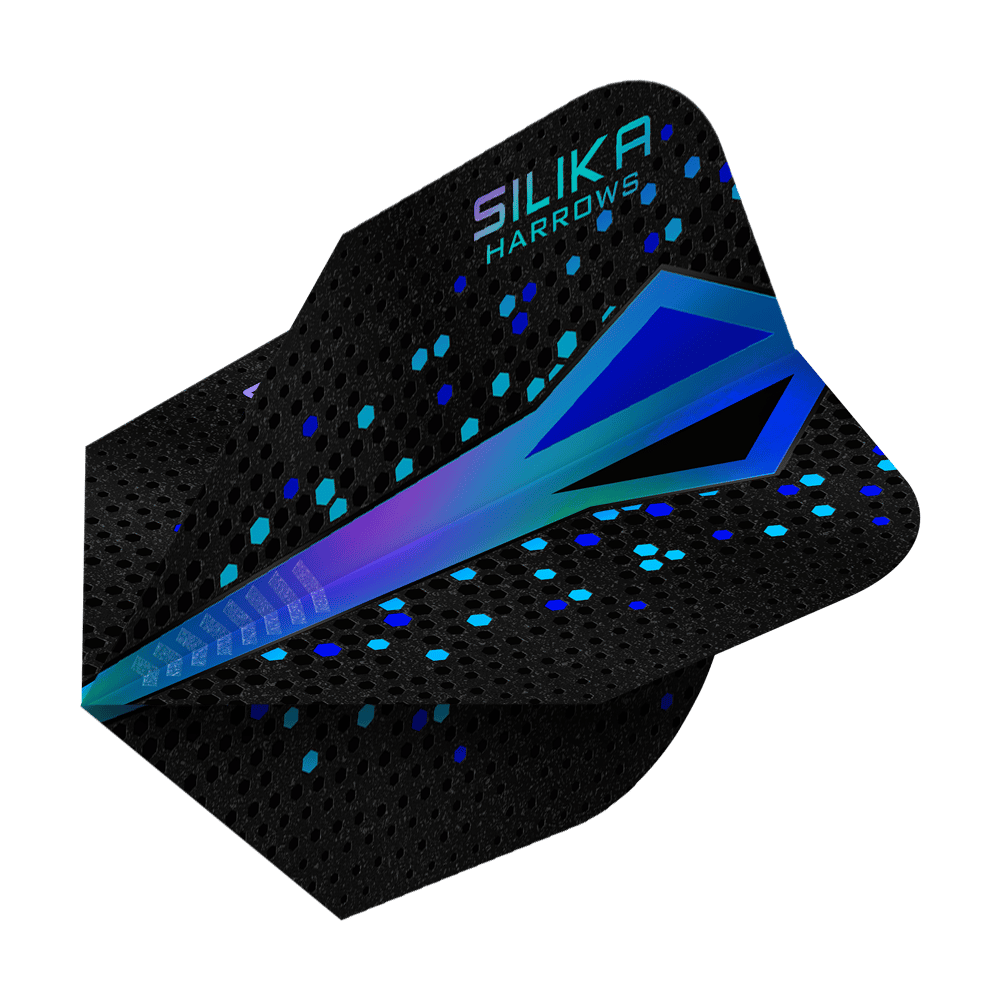 Harrows Silika Colorshift Tough Crystalline Coating Blue No6 Flights Das Bild zeigt ein Dartflight mit dem Namen "Harrows Silika Colourshift Tough Crystalline Coating Blue No6". Das Flight ist überwiegend schwarz mit einem blauen, schimmernden Muster und sechseckigen Akzenten.