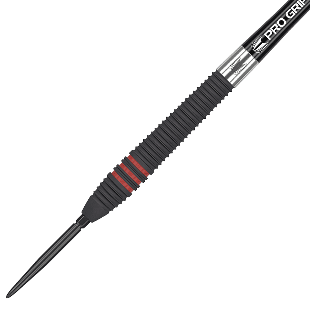 190216_Target_Nathan_Aspinall_Black_Swiss_Point_Steeldarts_2 Das Bild zeigt einen schwarzen Steeldartpfeil mit roten Ringen am Griff. Auf dem Schaft steht "Pro Grip" geschrieben.