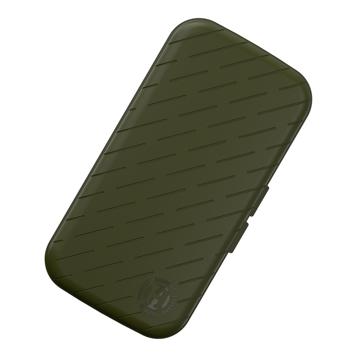 Harrows Slimcase Dart Case Das Bild zeigt ein schlankes, grünes Etui mit leicht abgeschrägten Kanten und schrägen Linien als Muster. In der unteren Ecke befindet sich ein rundes Logo mit der Aufschrift "HARROWS ORIGINAL QUALITY PRODUCT".