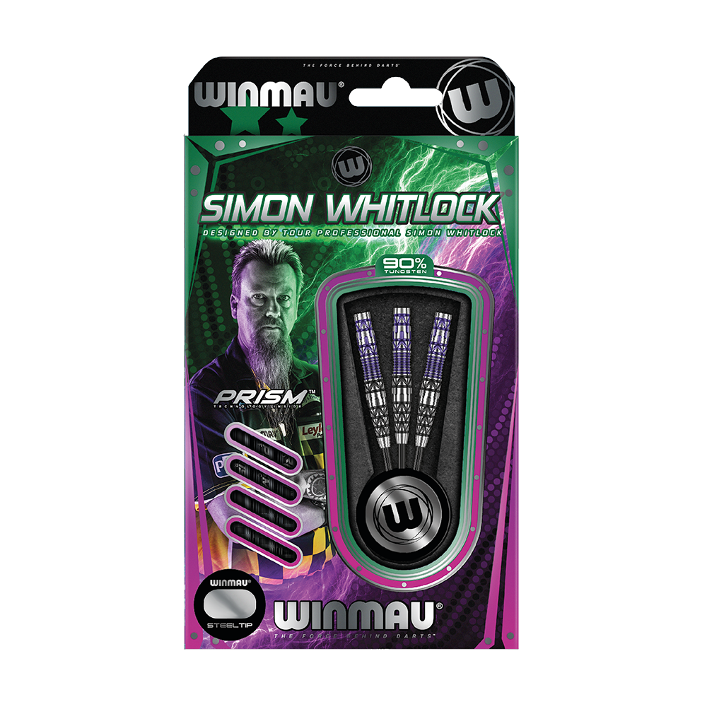 Winmau Simon Whitlock Special Edition 2020 steel darts Die Abbildung zeigt das Produkt „Winmau Simon Whitlock Special Edition 2020 Steeldarts“ in der Originalverpackung. Auf der Verpackung sind drei Steeldarts und ein Bild von Simon Whitlock zu sehen.