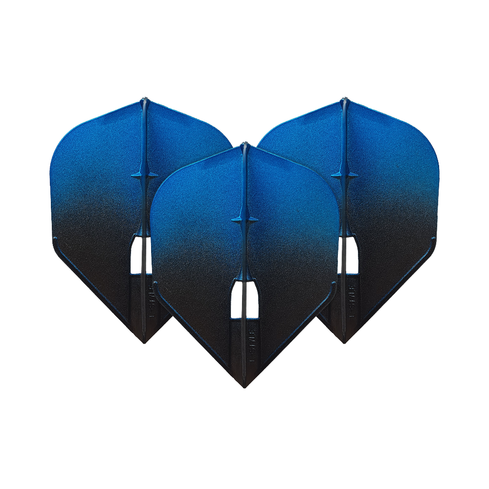 L-Style Two Tone L3PRO Flights Auf dem Bild sind drei blaue Dartflights zu sehen. Sie haben ein zweifarbiges Design mit einem Verlauf von Blau zu Schwarz.